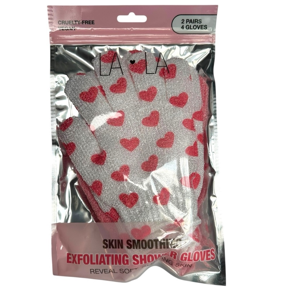 LA LA Exfoliating Shower Gloves with Red Hearts